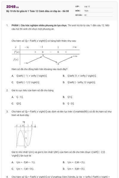 Bộ 10 đề thi giữa kì 1 Toán 12 Cánh diều có đáp án - Đề 08