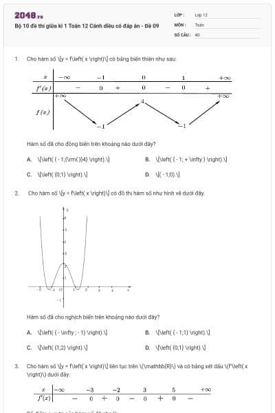 Bộ 10 đề thi giữa kì 1 Toán 12 Cánh diều có đáp án - Đề 09