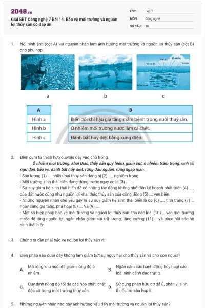 Giải SBT Công nghệ 7 Bài 14. Bảo vệ môi trường và nguồn lợi thủy sản có đáp án