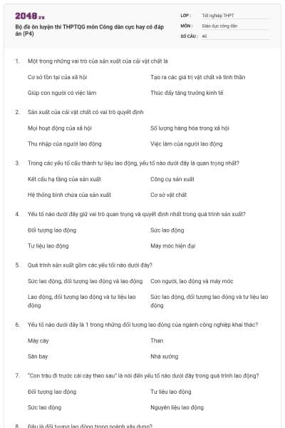 Bộ đề ôn luyện thi THPTQG môn Công dân cực hay có đáp án (P4)
