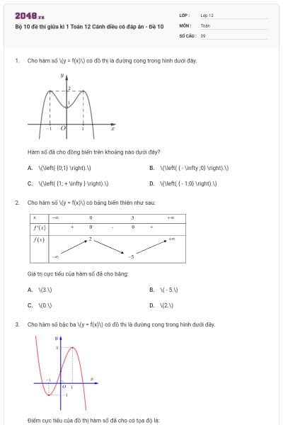 Bộ 10 đề thi giữa kì 1 Toán 12 Cánh diều có đáp án - Đề 10