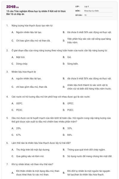 15 câu Trắc nghiệm Khoa học tự nhiên 9 Kết nối tri thức Bài 16 có đáp án