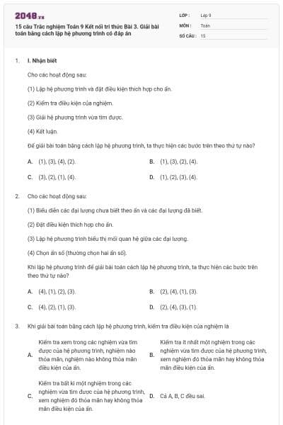 15 câu Trắc nghiệm Toán 9 Kết nối tri thức Bài 3. Giải bài toán bằng cách lập hệ phương trình có đáp án