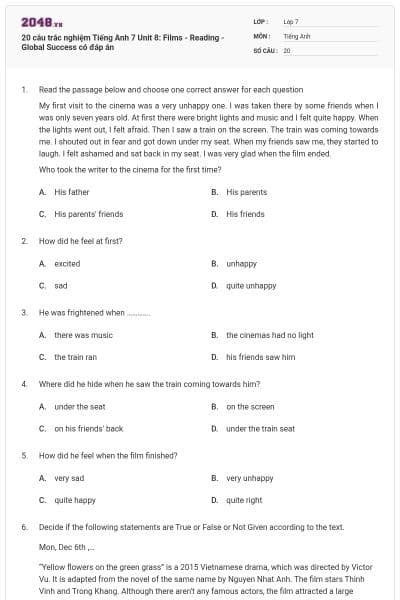 20 câu trắc nghiệm Tiếng Anh 7 Unit 8: Films - Reading - Global Success có đáp án