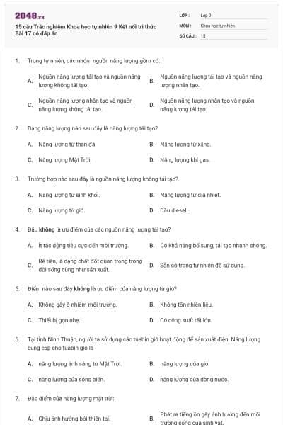 15 câu Trắc nghiệm Khoa học tự nhiên 9 Kết nối tri thức Bài 17 có đáp án