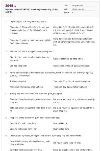 Bộ đề ôn luyện thi THPTQG môn Công dân cực hay có đáp án (P5)