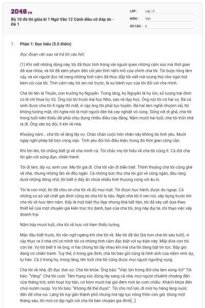 Bộ 10 đề thi giữa kì 1 Ngữ Văn 12 Cánh diều có đáp án - Đề 1