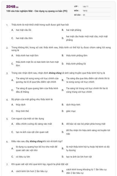 100 câu trắc nghiệm Mắt - Các dụng cụ quang cơ bản (P5)