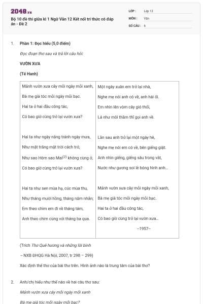 Bộ 10 đề thi giữa kì 1 Ngữ Văn 12 Kết nối tri thức có đáp án - Đề 2