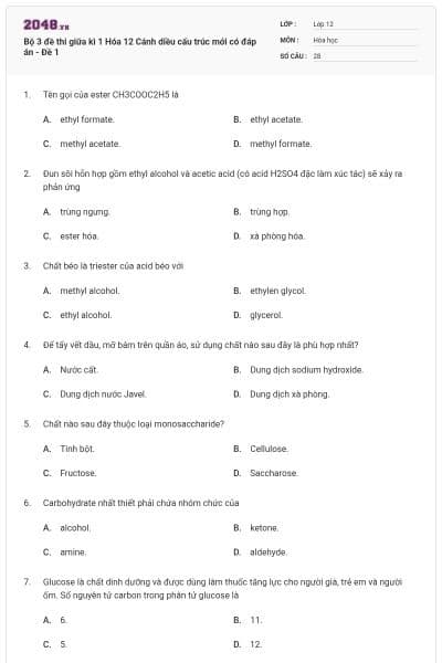 Bộ 3 đề thi giữa kì 1 Hóa 12 Cánh diều cấu trúc mới có đáp án - Đề 1