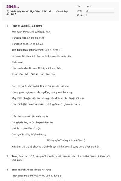 Bộ 10 đề thi giữa kì 1 Ngữ Văn 12 Kết nối tri thức có đáp án - Đề 5