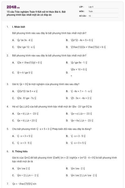 15 câu Trắc nghiệm Toán 9 Kết nối tri thức Bài 6. Bất phương trình bậc nhất một ẩn có đáp án
