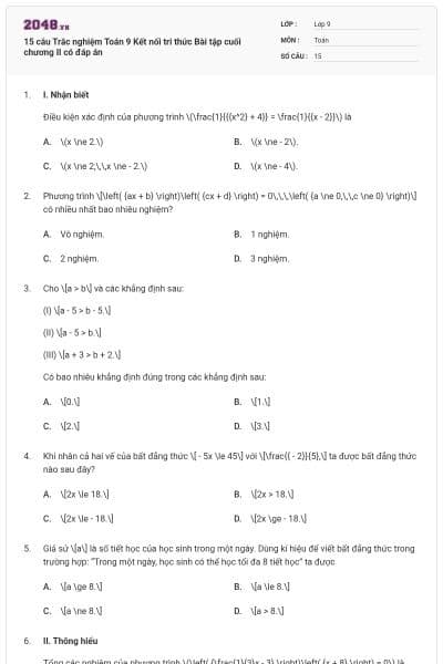 15 câu Trắc nghiệm Toán 9 Kết nối tri thức Bài tập cuối chương II có đáp án
