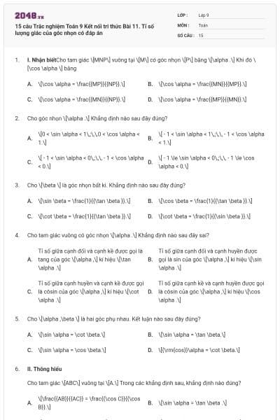 15 câu Trắc nghiệm Toán 9 Kết nối tri thức Bài 11. Tỉ số lượng giác của góc nhọn có đáp án