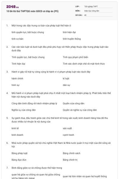10 Đề thi thử THPTQG môn GDCD có đáp án (P5)