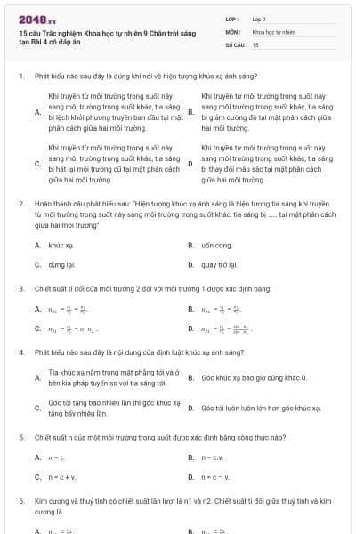 15 câu Trắc nghiệm Khoa học tự nhiên 9 Chân trời sáng tạo Bài 4 có đáp án