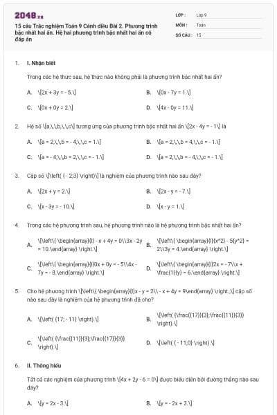 15 câu Trắc nghiệm Toán 9 Cánh diều Bài 2. Phương trình bậc nhất hai ẩn. Hệ hai phương trình bậc nhất hai ẩn có đáp án