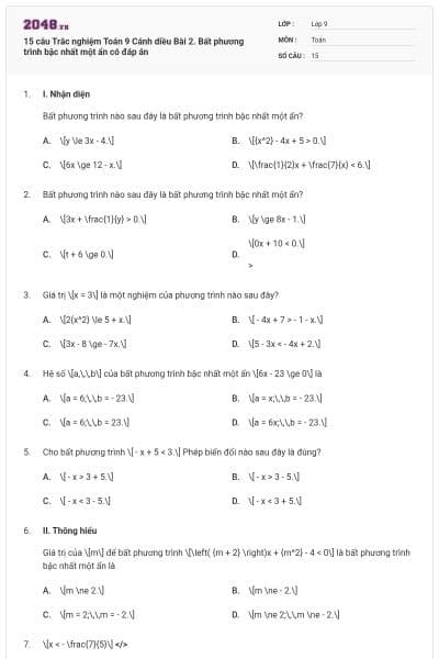 15 câu Trắc nghiệm Toán 9 Cánh diều Bài 2. Bất phương trình bậc nhất một ẩn có đáp án