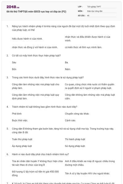 Đề thi thử THPTQG môn GDCD cực hay có đáp án (P2)