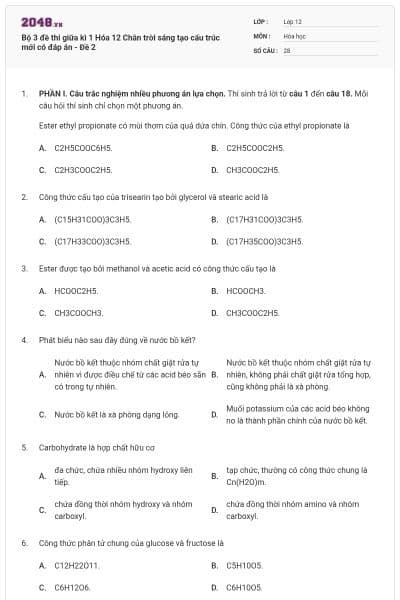 Bộ 3 đề thi giữa kì 1 Hóa 12 Chân trời sáng tạo cấu trúc mới có đáp án - Đề 2