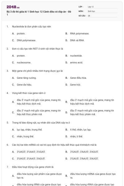 Bộ 3 đề thi giữa kì 1 Sinh học 12 Cánh diều có đáp án - Đề 1