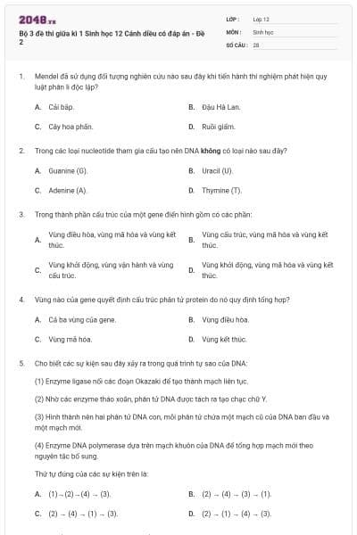 Bộ 3 đề thi giữa kì 1 Sinh học 12 Cánh diều có đáp án - Đề 2