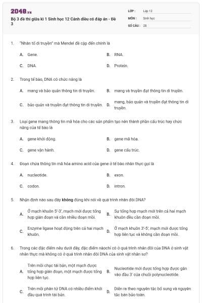 Bộ 3 đề thi giữa kì 1 Sinh học 12 Cánh diều có đáp án - Đề 3