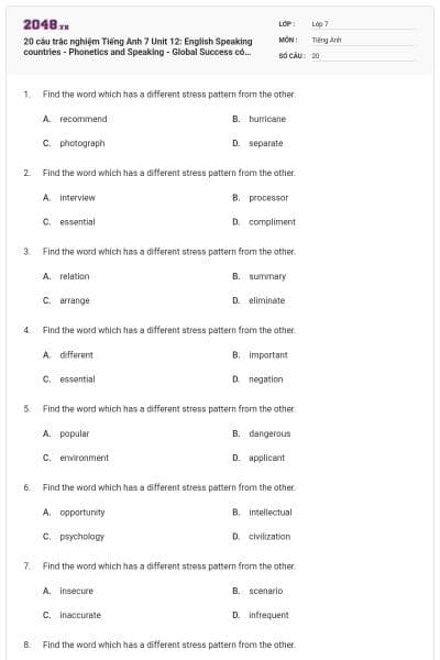 20 câu trắc nghiệm Tiếng Anh 7 Unit 12: English Speaking countries - Phonetics and Speaking - Global Success có đáp án