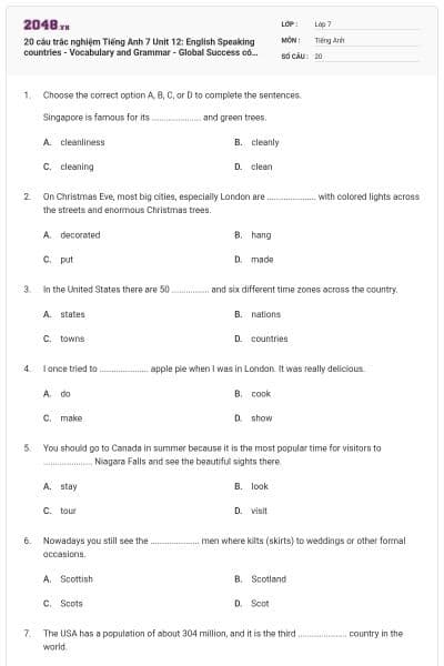 20 câu trắc nghiệm Tiếng Anh 7 Unit 12: English Speaking countries - Vocabulary and Grammar - Global Success có đáp án