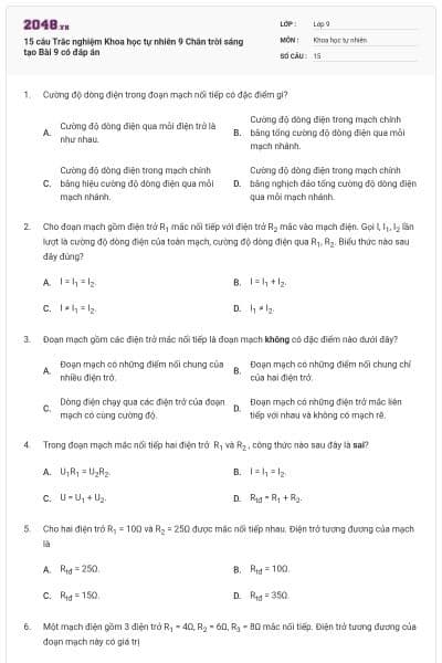 15 câu Trắc nghiệm Khoa học tự nhiên 9 Chân trời sáng tạo Bài 9 có đáp án