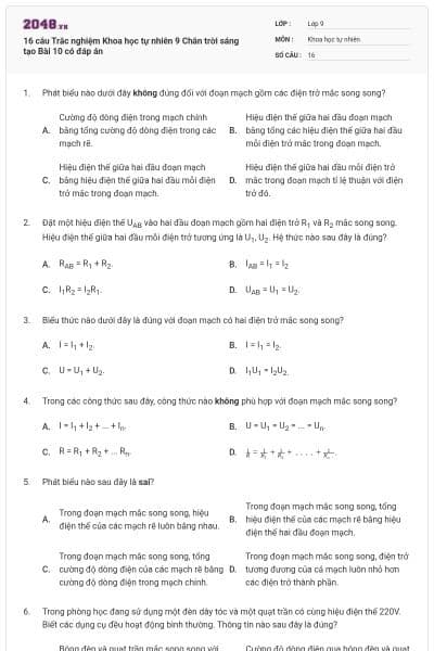 16 câu Trắc nghiệm Khoa học tự nhiên 9 Chân trời sáng tạo Bài 10 có đáp án