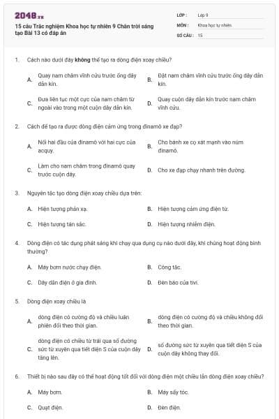 15 câu Trắc nghiệm Khoa học tự nhiên 9 Chân trời sáng tạo Bài 13 có đáp án