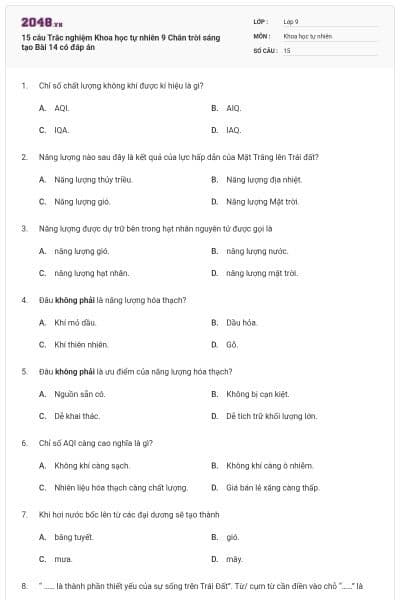 15 câu Trắc nghiệm Khoa học tự nhiên 9 Chân trời sáng tạo Bài 14 có đáp án