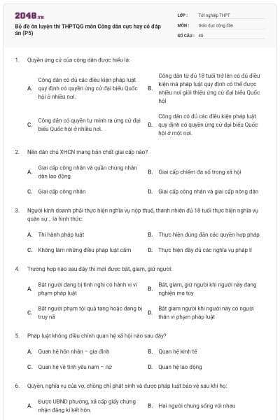 Bộ đề ôn luyện thi THPTQG môn Công dân cực hay có đáp án (P5)