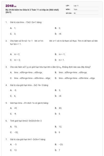 Bộ 24 Đề kiểm tra Giữa kì 2 Toán 11 có đáp án (Mới nhất) (Đề 9)
