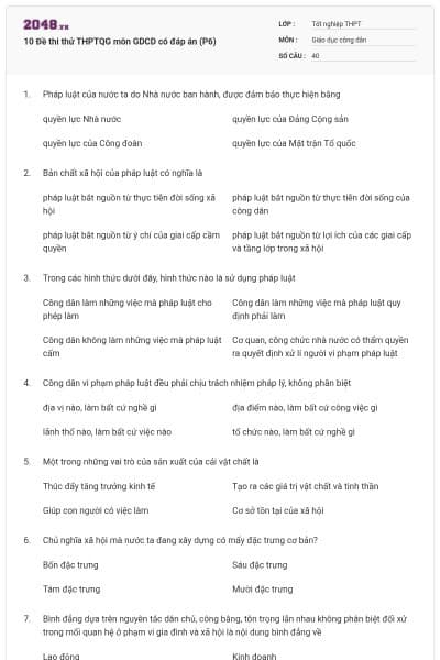 10 Đề thi thử THPTQG môn GDCD có đáp án (P6)