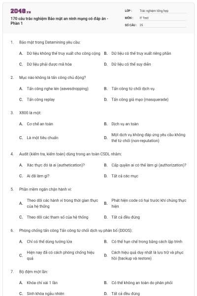 170 câu trắc nghiệm Bảo mật an ninh mạng có đáp án - Phần 1