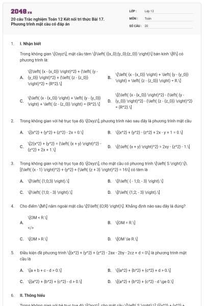 20 câu Trắc nghiệm Toán 12 Kết nối tri thức Bài 17. Phương trình mặt cầu có đáp án