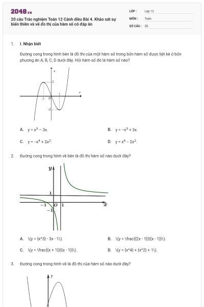 20 câu Trắc nghiệm Toán 12 Cánh diều Bài 4. Khảo sát sự biến thiên và vẽ đồ thị của hàm số có đáp án