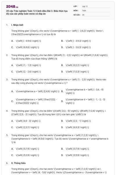 20 câu Trắc nghiệm Toán 12 Cánh diều Bài 3. Biểu thức tọa độ của các phép toán vectơ có đáp án
