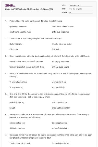 Đề thi thử THPTQG môn GDCD cực hay có đáp án (P3)