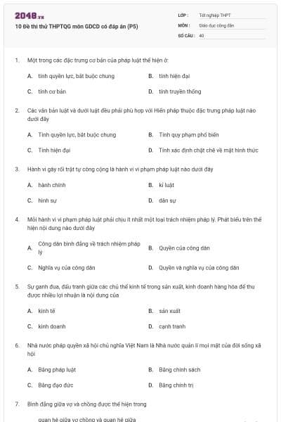 10 Đề thi thử THPTQG môn GDCD có đáp án (P5)