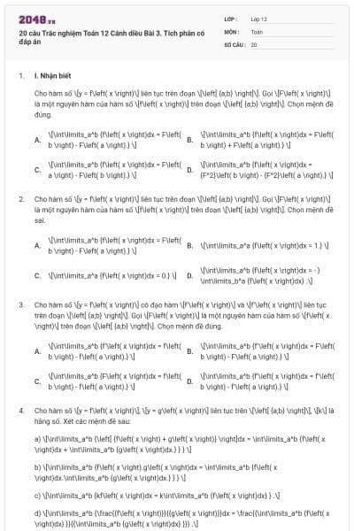 20 câu Trắc nghiệm Toán 12 Cánh diều Bài 3. Tích phân có đáp án