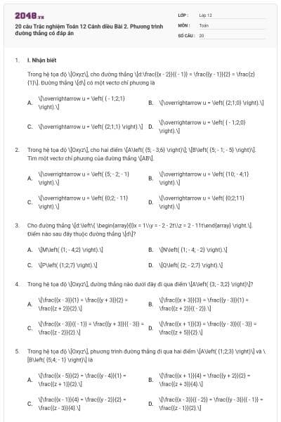 20 câu Trắc nghiệm Toán 12 Cánh diều Bài 2. Phương trình đường thẳng có đáp án