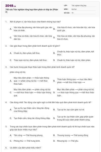 700 câu Trắc nghiệm tổng hợp Đàm phán có đáp án (Phần 2)