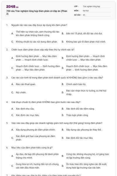 700 câu Trắc nghiệm tổng hợp Đàm phán có đáp án (Phần 3)