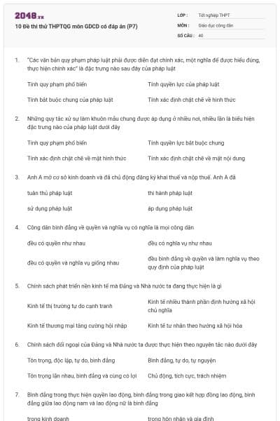 10 Đề thi thử THPTQG môn GDCD có đáp án (P7)