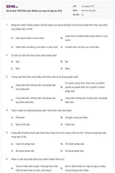 Đề thi thử THPTQG môn GDCD cực hay có đáp án (P2)