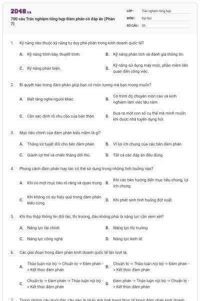 700 câu Trắc nghiệm tổng hợp Đàm phán có đáp án (Phần 7)