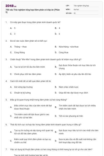 700 câu Trắc nghiệm tổng hợp Đàm phán có đáp án (Phần 9)